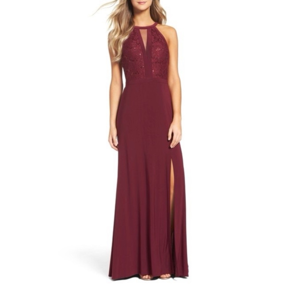 NWT Merlot (Wine) Halter Lace with Illusion Cutout Dress